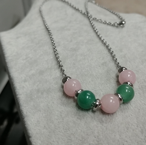 Rose Quartz Aventurine Beaded Necklace Natural Gemstone Crystal Stainless-Steel - Picture 10 of 14